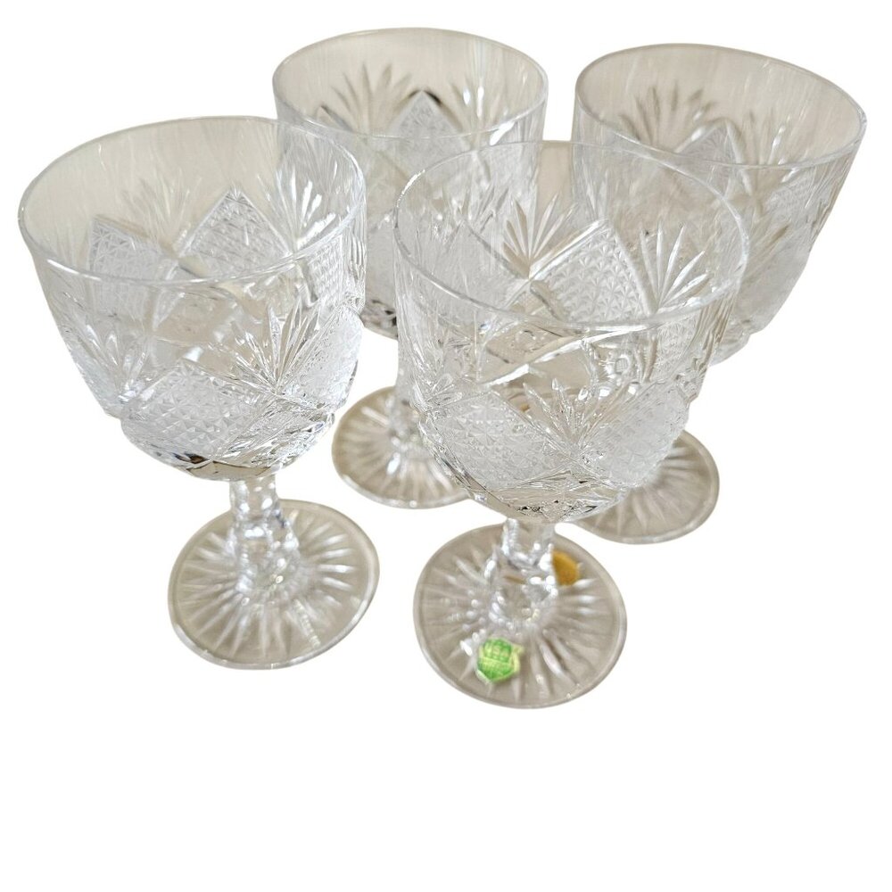 4 Kusak Cut Glass Liquor Cocktail Glasses 4.75" 4oz vtg signed daisy fan Bohemia